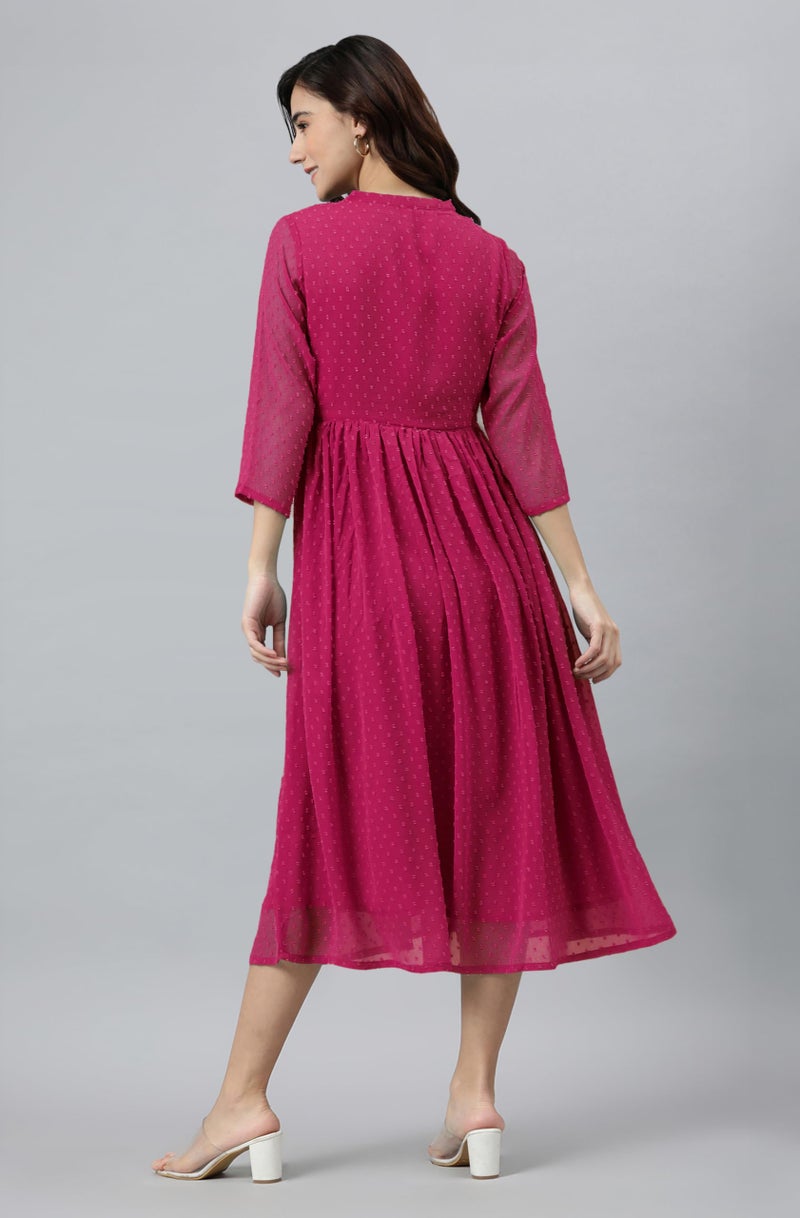 Janasya Women's Rani Pink Dobby Chiffon Woven Design Flared Dress (JAC24KR01579-2XL) - Image 4