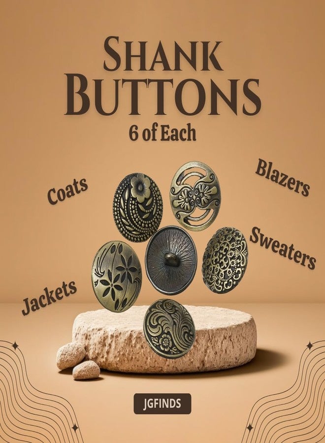 JGFinds Shank Button - 30 Pack, 6 of Each Assorted Design, Carved Bronze Tone Metal, Mixed Antique and Vintage Look Flowers and Wave Patterns, 17mm Diameter, Decorative Blazer Clothes Luxury Buttons - Image 2
