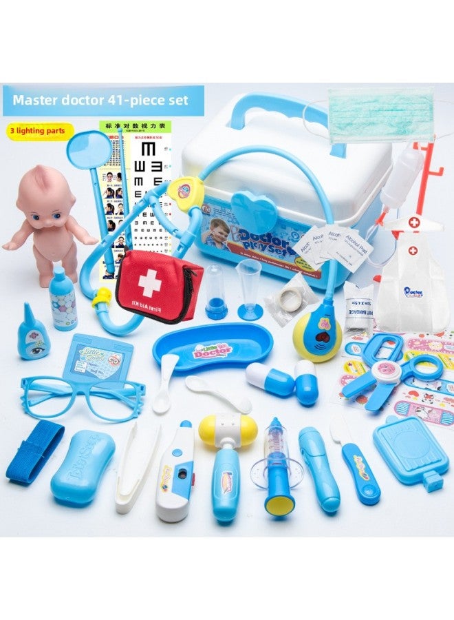 Children's Small Doctor Toy Set Simulation Girl Nurse Injection Boy Stethoscope Medical Kit Play House Toy-Color:Blue Storage Box 41 Pieces - Image 1
