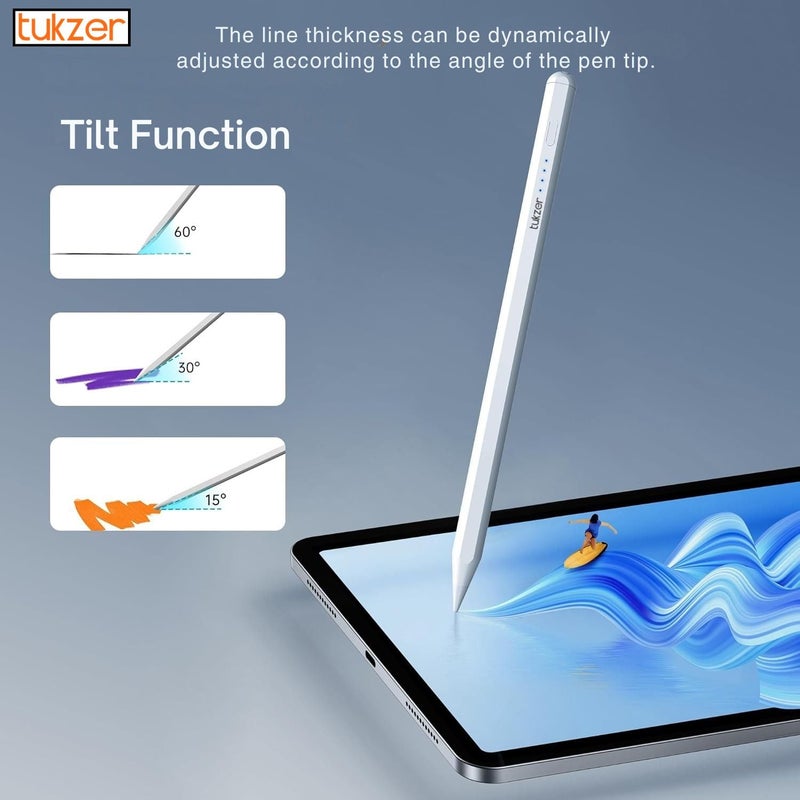 tuKZer Upgraded 2nd Gen Stylus Pen iPad Pencil, High Precision Tilt Sensor, Palm Rejection LED Indicator,TypeC Charging for iPad 2018-2024(6/7/8/9/10) Air(3/4/5) Pro11(1/2/3/4) Pro12.9 (3/4/5/6)White - Image 3