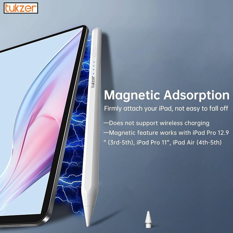tuKZer Upgraded 2nd Gen Stylus Pen iPad Pencil, High Precision Tilt Sensor, Palm Rejection LED Indicator,TypeC Charging for iPad 2018-2024(6/7/8/9/10) Air(3/4/5) Pro11(1/2/3/4) Pro12.9 (3/4/5/6)White - Image 5