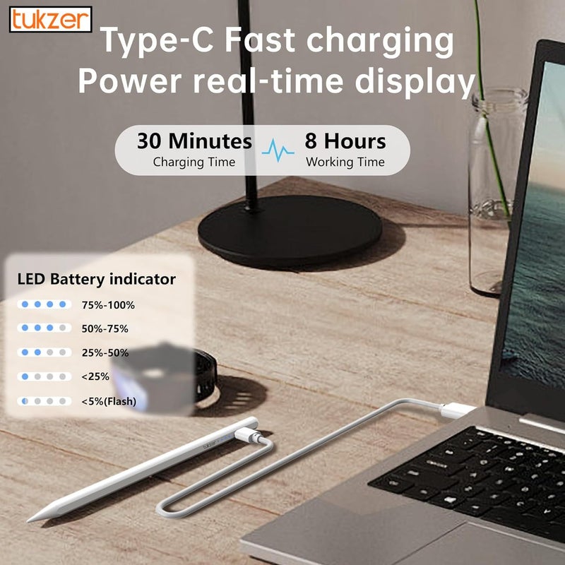 tuKZer Upgraded 2nd Gen Stylus Pen iPad Pencil, High Precision Tilt Sensor, Palm Rejection LED Indicator,TypeC Charging for iPad 2018-2024(6/7/8/9/10) Air(3/4/5) Pro11(1/2/3/4) Pro12.9 (3/4/5/6)White - Image 4