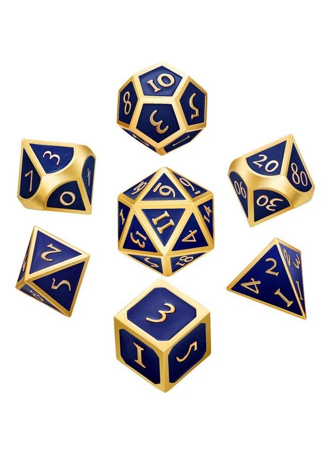 Hestya - 7 Pieces Metal Dices Set Game Polyhedral Solid Metal Dice Set With Storage Bag And Zinc Alloy With Enamel For Role Playing Game Dungeons And Dragons Math Teaching (Gold Edge Royal Blue) - Image 1