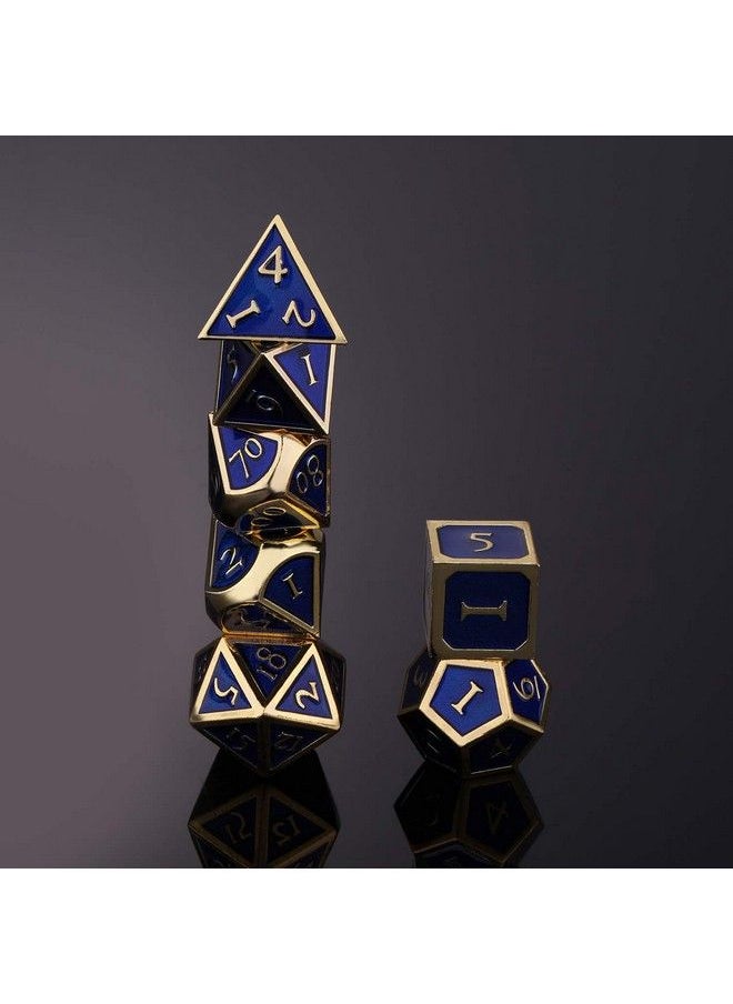 Hestya - 7 Pieces Metal Dices Set Game Polyhedral Solid Metal Dice Set With Storage Bag And Zinc Alloy With Enamel For Role Playing Game Dungeons And Dragons Math Teaching (Gold Edge Royal Blue) - Image 1