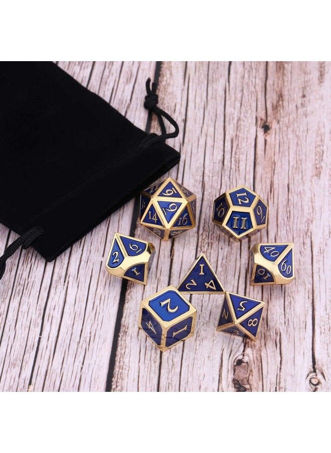 Hestya - 7 Pieces Metal Dices Set Game Polyhedral Solid Metal Dice Set With Storage Bag And Zinc Alloy With Enamel For Role Playing Game Dungeons And Dragons Math Teaching (Gold Edge Royal Blue) - Image 1