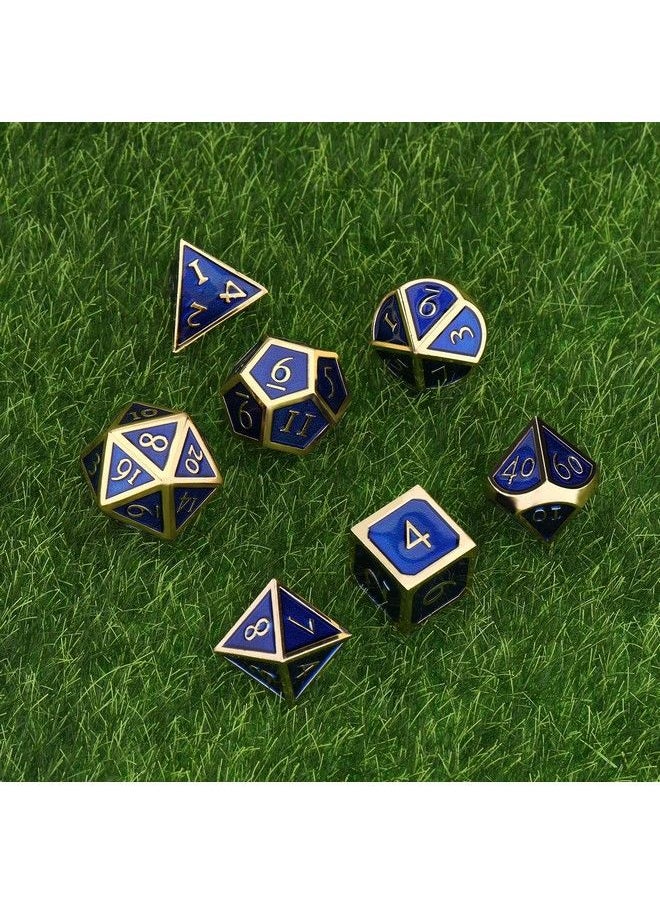 Hestya - 7 Pieces Metal Dices Set Game Polyhedral Solid Metal Dice Set With Storage Bag And Zinc Alloy With Enamel For Role Playing Game Dungeons And Dragons Math Teaching (Gold Edge Royal Blue) - Image 1