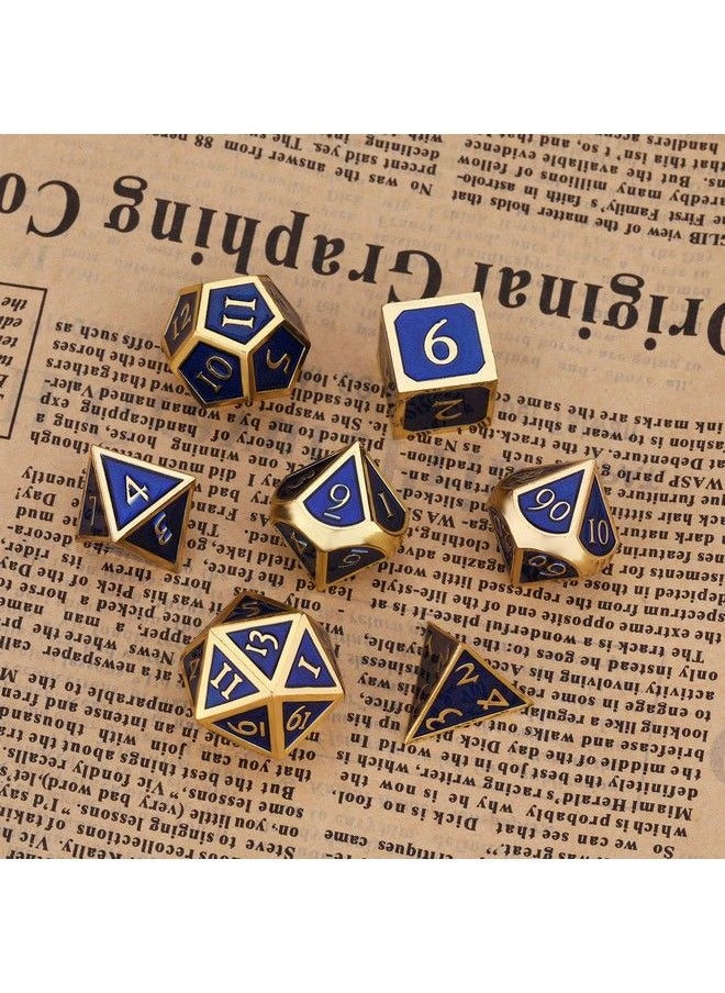 Hestya - 7 Pieces Metal Dices Set Game Polyhedral Solid Metal Dice Set With Storage Bag And Zinc Alloy With Enamel For Role Playing Game Dungeons And Dragons Math Teaching (Gold Edge Royal Blue) - Image 1