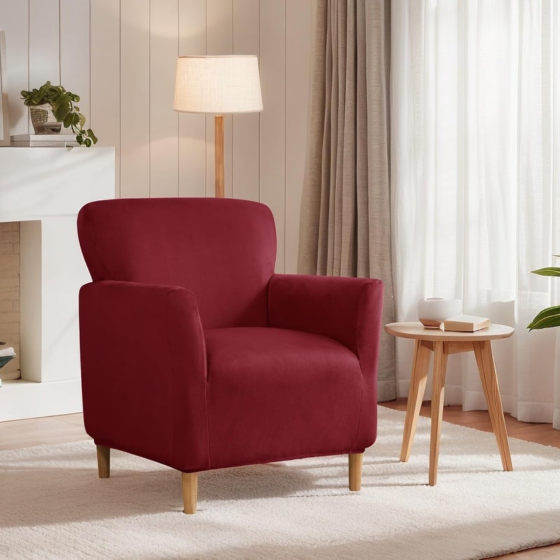 SONNACH Stretch Chair Covers with Arms 1-Piece Banquet Armchair Slipcover Velvet Mid Century Modern Armchair Slipcover Anti-Slip Furniture Protector for Living Room Friendly for Kids Pets (Burgandy) - Image 2