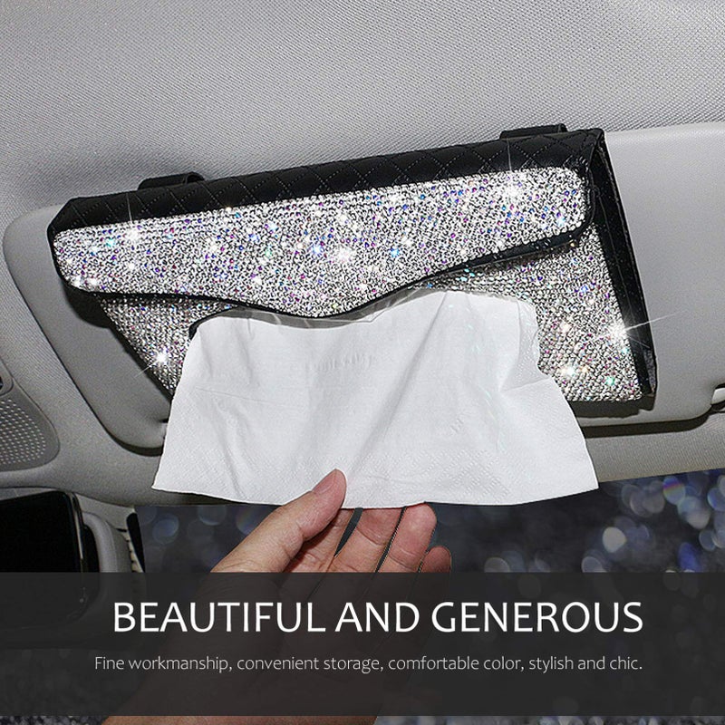 White Rhinestone Leather Car Sun Visor Tissue Box Holder Case - Image 3