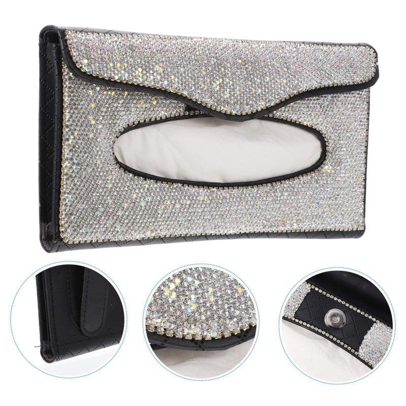 White Rhinestone Leather Car Sun Visor Tissue Box Holder Case - Image 5