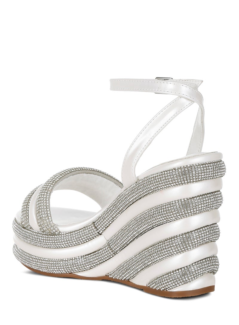 London Rag Rhinestone Studded Wedge Sandals in White  - Image 3