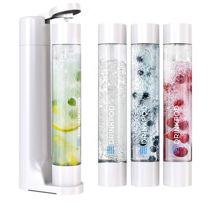 FIZZPOD SODA MAKER FIZZY DRINK MACHINE WITH 3 PET BOTTLES 3 CAPS 1 CARBONATOR CAP AND MANUAL MAKE HOMEMADE SPARKLE WATER JUICE COFFEE TEA AND COCKTAIL DRINKS WITH FRUIT WHITE