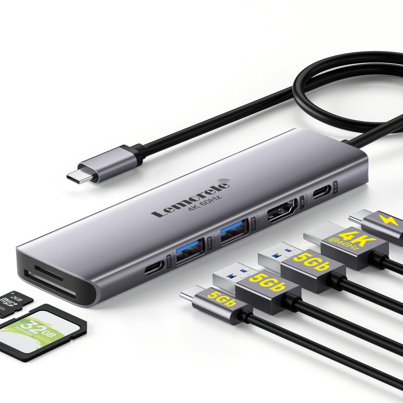 Lemorele USB C Hub Multiport Adapter,7-in-1 4K 60Hz HDMI Docking Station, 100W PD, SD/TF 3.0 Slots, 2 USB 3.0 & USB C 3.0 5Gbps Data Ports, for MacBook, iPad, Surface, XPS, ChromeBook - Image 1