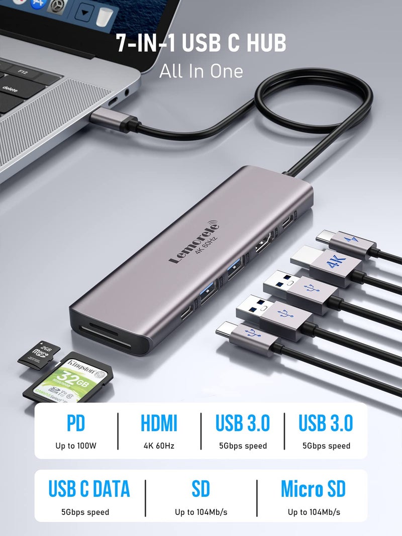 Lemorele USB C Hub Multiport Adapter,7-in-1 4K 60Hz HDMI Docking Station, 100W PD, SD/TF 3.0 Slots, 2 USB 3.0 & USB C 3.0 5Gbps Data Ports, for MacBook, iPad, Surface, XPS, ChromeBook - Image 2
