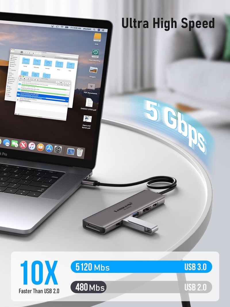 Lemorele USB C Hub Multiport Adapter,7-in-1 4K 60Hz HDMI Docking Station, 100W PD, SD/TF 3.0 Slots, 2 USB 3.0 & USB C 3.0 5Gbps Data Ports, for MacBook, iPad, Surface, XPS, ChromeBook - Image 5