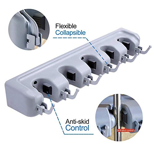SHOPECOM Mop and Broom Holder; Upgraded with Effective Strong Holding 5 Slot Position with 6 Hooks Garage Storage up to 11 Tools Wall Mounted; Organize Ideas; Standard Size (Broom Holder) - Image 5