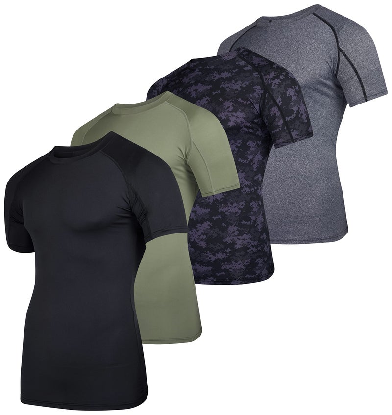 REALESSENTIALS 4 Pack: Mens Short Sleeve Shirts Compression Base Layer Tight Thermal Undershirt Slimming Black Active Fitness Athletic T-Shirt Quick Dry Fit Workout Sports Rashguard Gym Running Top - Set 8, L - Image 1