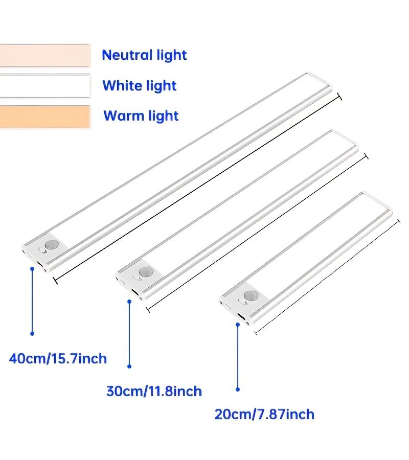 عبوتان من أضواء LED المغناطيسية أسفل الخزانات بحساس استشعار، طول 20 سم (7.87 بوصة)، تعمل بالطاقة عبر USB، مع إضاءة قابلة للتعديل بـ 3 مستويات للسطوع، تحكم بزر وحساس حركة، بطارية طويلة الأمد للاستخدام في المطابخ والخزائن والسلالم. - Image 3