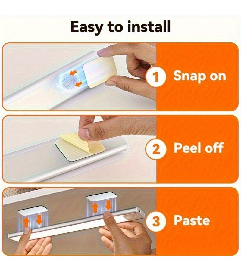 عبوتان من أضواء LED المغناطيسية أسفل الخزانات بحساس استشعار، طول 20 سم (7.87 بوصة)، تعمل بالطاقة عبر USB، مع إضاءة قابلة للتعديل بـ 3 مستويات للسطوع، تحكم بزر وحساس حركة، بطارية طويلة الأمد للاستخدام في المطابخ والخزائن والسلالم. - Image 5