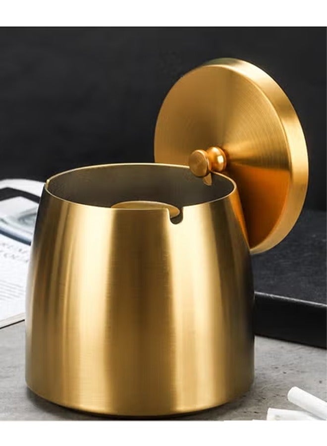 DUNISO Stainless steel ashtray, portable anti drop ashtray, windproof and anti odor ashtray, with lid，suitable for terraces, homes, offices, living rooms, outdoor, 6.5 * 9.7 * 8cm, gold  - Image 1