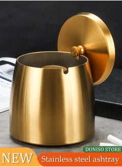 DUNISO Stainless steel ashtray, portable anti drop ashtray, windproof and anti odor ashtray, with lid，suitable for terraces, homes, offices, living rooms, outdoor, 6.5 * 9.7 * 8cm, gold  - Image 1