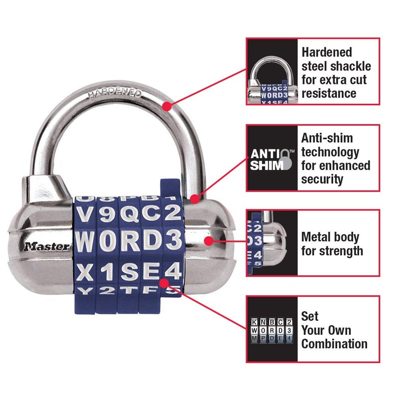 Master Lock Master Lock Padlock, Set Your Own WORD Combination Lock, 2-1/2 in. Wide, Black, 1534DBLK  - Image 2