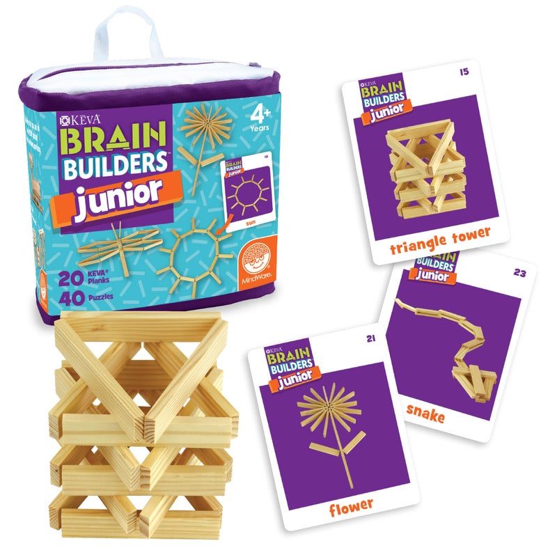 MindWare KEVA Junior Brain Builders Playset, 3D Puzzle Travel Game, 40 Wooden Building Block Challenges - Image 1