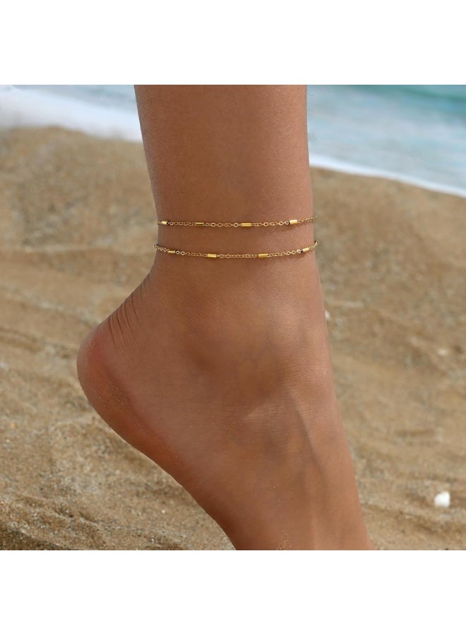 جوليا ستور خلخال أنيق من الفولاذ المقاوم للصدأ مطلي بالذهب عيار 18 قيراطًا بتصميم بوهو بيتش قابل للتعديل مصنوع من الخرز على شكل صندوق وحبل مقاوم للماء لا يتغير لونه ولا يسبب الحساسية للنساء - Image 3