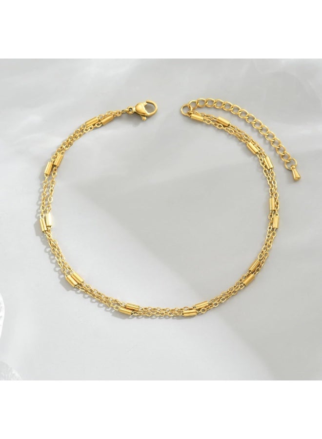 جوليا ستور خلخال أنيق من الفولاذ المقاوم للصدأ مطلي بالذهب عيار 18 قيراطًا بتصميم بوهو بيتش قابل للتعديل مصنوع من الخرز على شكل صندوق وحبل مقاوم للماء لا يتغير لونه ولا يسبب الحساسية للنساء - Image 1