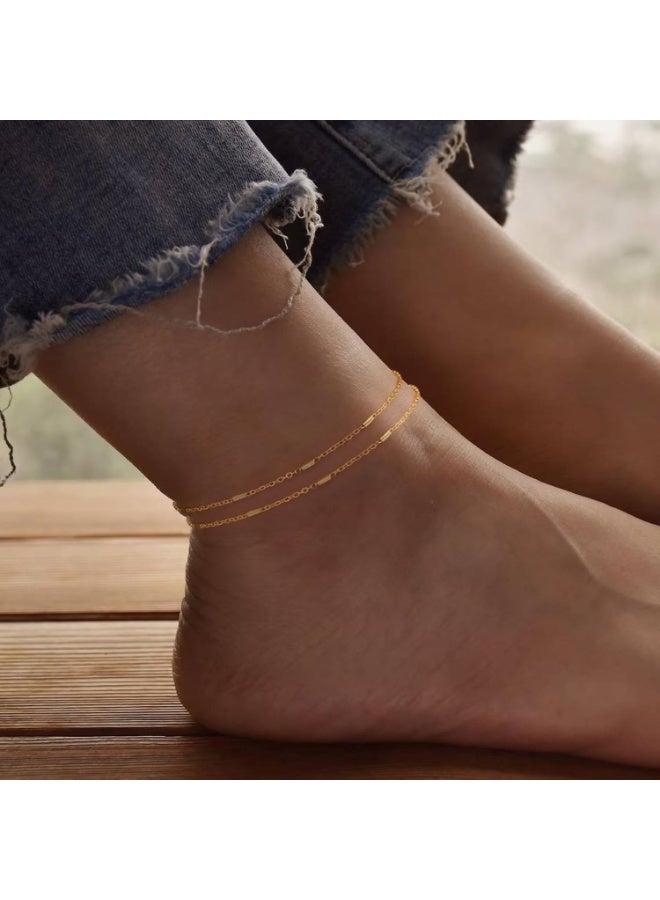 جوليا ستور خلخال أنيق من الفولاذ المقاوم للصدأ مطلي بالذهب عيار 18 قيراطًا بتصميم بوهو بيتش قابل للتعديل مصنوع من الخرز على شكل صندوق وحبل مقاوم للماء لا يتغير لونه ولا يسبب الحساسية للنساء - Image 2