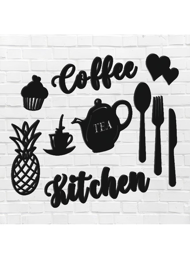 ديكور جداري خشبي عالي الجودة للمطبخ فن جداري للمطبخ بكلمة "Coffee - Tea - Kitchen" مصنوع من خشب MDF الإسباني، باللون الأسود، بسماكة 6 ملم. يتميز بتصميم ثلاثي الأبعاد عصري وأنيق، مزوّد بشريط لاصق مزدوج الوجه لسهولة التركيب. جاهز للتثبيت فورًا ويمنح مطبخك لمسة فنية راقية. - Image 1