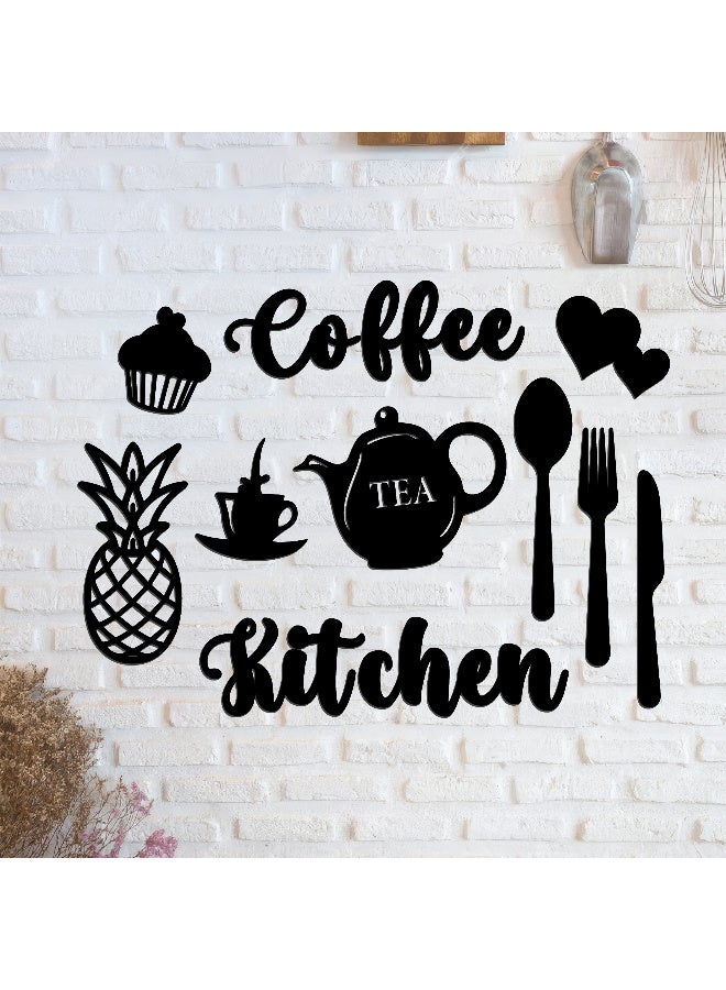 ديكور جداري خشبي عالي الجودة للمطبخ فن جداري للمطبخ بكلمة "Coffee - Tea - Kitchen" مصنوع من خشب MDF الإسباني، باللون الأسود، بسماكة 6 ملم. يتميز بتصميم ثلاثي الأبعاد عصري وأنيق، مزوّد بشريط لاصق مزدوج الوجه لسهولة التركيب. جاهز للتثبيت فورًا ويمنح مطبخك لمسة فنية راقية. - Image 2
