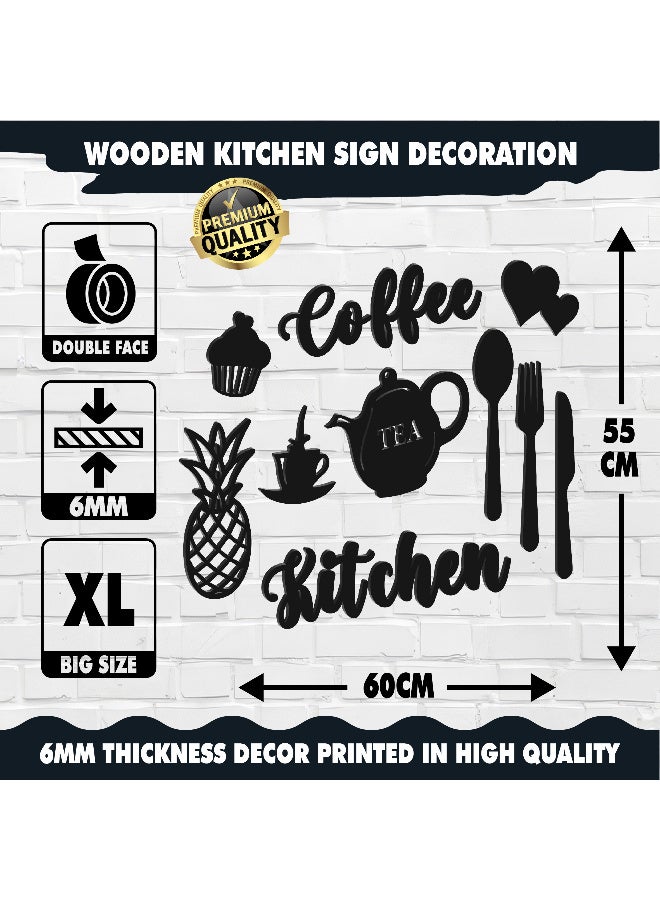 ديكور جداري خشبي عالي الجودة للمطبخ فن جداري للمطبخ بكلمة "Coffee - Tea - Kitchen" مصنوع من خشب MDF الإسباني، باللون الأسود، بسماكة 6 ملم. يتميز بتصميم ثلاثي الأبعاد عصري وأنيق، مزوّد بشريط لاصق مزدوج الوجه لسهولة التركيب. جاهز للتثبيت فورًا ويمنح مطبخك لمسة فنية راقية. - Image 5