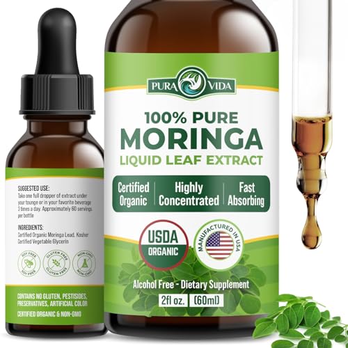 Pura Vida Moringa قطرات سائلة من مستخلص أوراق المورينغا PURA VIDA معتمدة من وزارة الزراعة الأمريكية عضوية عالية النقاء متاحة حيوياً امتصاص أسرع من مسحوق المورينغا أو الكبسولات مستخلص أوراق المورينغا أوليفيرا من مصدر واحد