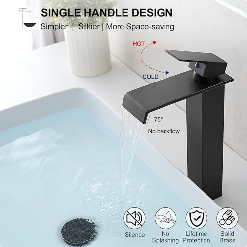 HEYMYTAP Brass Vessel Sink Faucet Black Waterfall Bathroom Faucet 1 Hole, Tall Bathroom Sink Faucet Single Handle, Modern Bathroom Faucets for Vessel Sinks with Pop Up Drain and Supply Hoses - Image 3