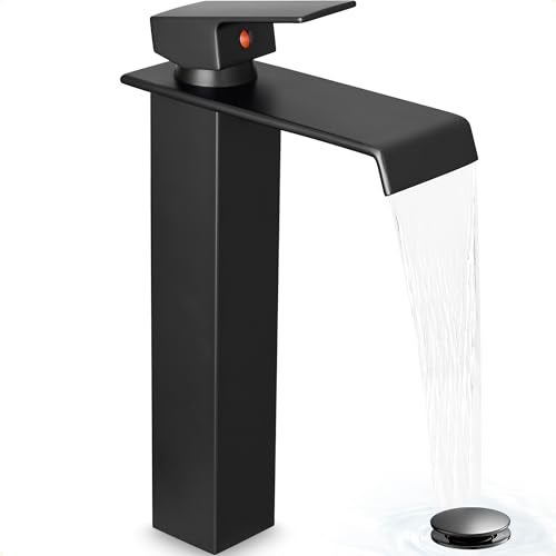 HEYMYTAP Brass Vessel Sink Faucet Black Waterfall Bathroom Faucet 1 Hole, Tall Bathroom Sink Faucet Single Handle, Modern Bathroom Faucets for Vessel Sinks with Pop Up Drain and Supply Hoses - Image 1