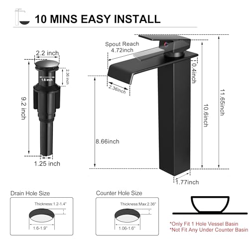 HEYMYTAP Brass Vessel Sink Faucet Black Waterfall Bathroom Faucet 1 Hole, Tall Bathroom Sink Faucet Single Handle, Modern Bathroom Faucets for Vessel Sinks with Pop Up Drain and Supply Hoses - Image 5