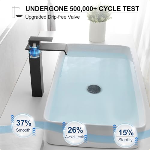 HEYMYTAP Brass Vessel Sink Faucet Black Waterfall Bathroom Faucet 1 Hole, Tall Bathroom Sink Faucet Single Handle, Modern Bathroom Faucets for Vessel Sinks with Pop Up Drain and Supply Hoses - Image 4