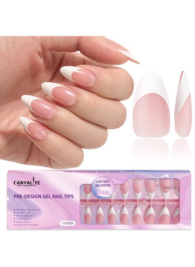 Canvalite French Tip Press On Nails Gel Nail Tips - 300Pcs Pre-Colored Quick And Easy Press On Nails Almond Fake Nails With Designs Diy Nail Extensions, Pink White  - Image 1