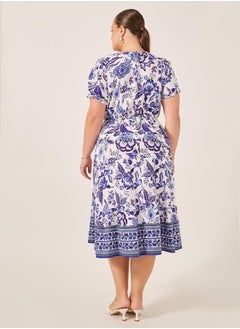 Styli Plus Size All-Over Printed Wrap Look A-Line Midi Dress  - Image 5