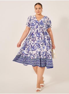 Styli Plus Size All-Over Printed Wrap Look A-Line Midi Dress  - Image 1