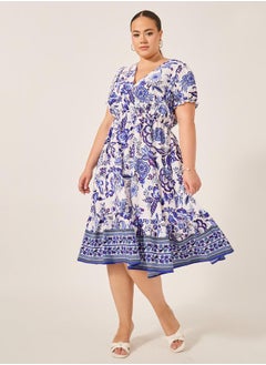 Styli Plus Size All-Over Printed Wrap Look A-Line Midi Dress  - Image 2
