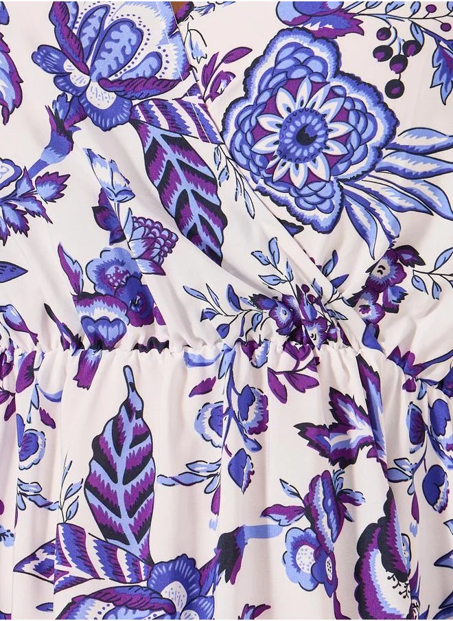 Styli Plus Size All-Over Printed Wrap Look A-Line Midi Dress