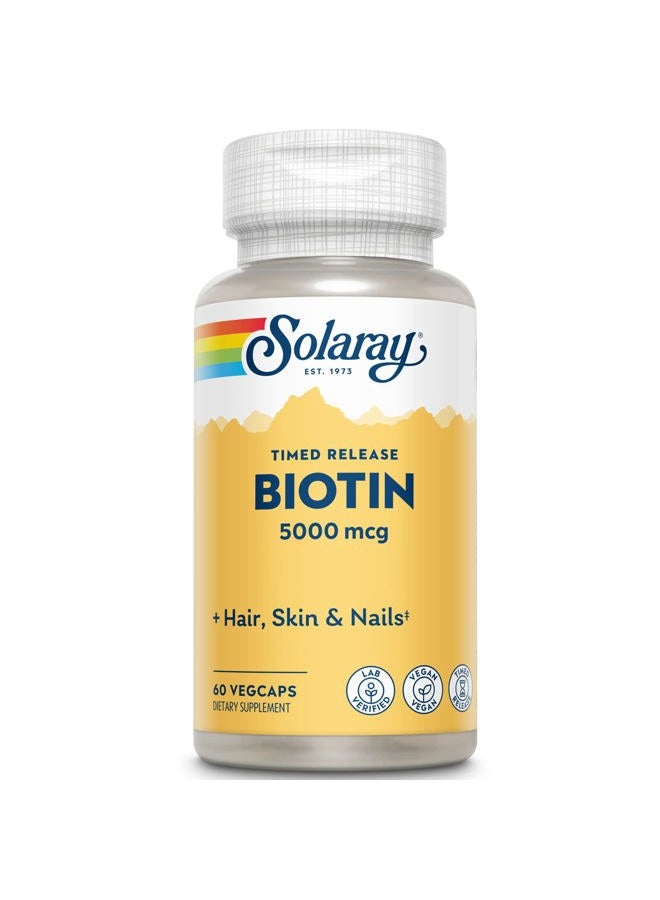 Solaray Biotin 5000 mcg | Timed Release | Fast-Acting, Long-Lasting Healthy Hair, Skin & Nails Support | 60 VegCaps - Image 1