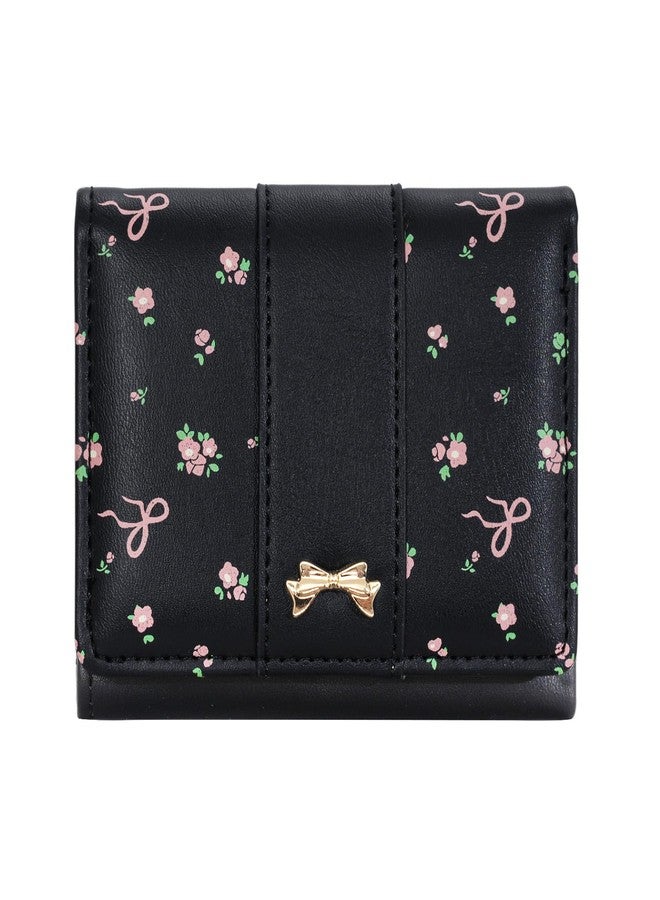 LJCZKA Small Wallet for Women Floral Coquette Bow Cute Wallet Girls Trifold Leather Card Holder Short Purse with ID Window (Black) - Image 1