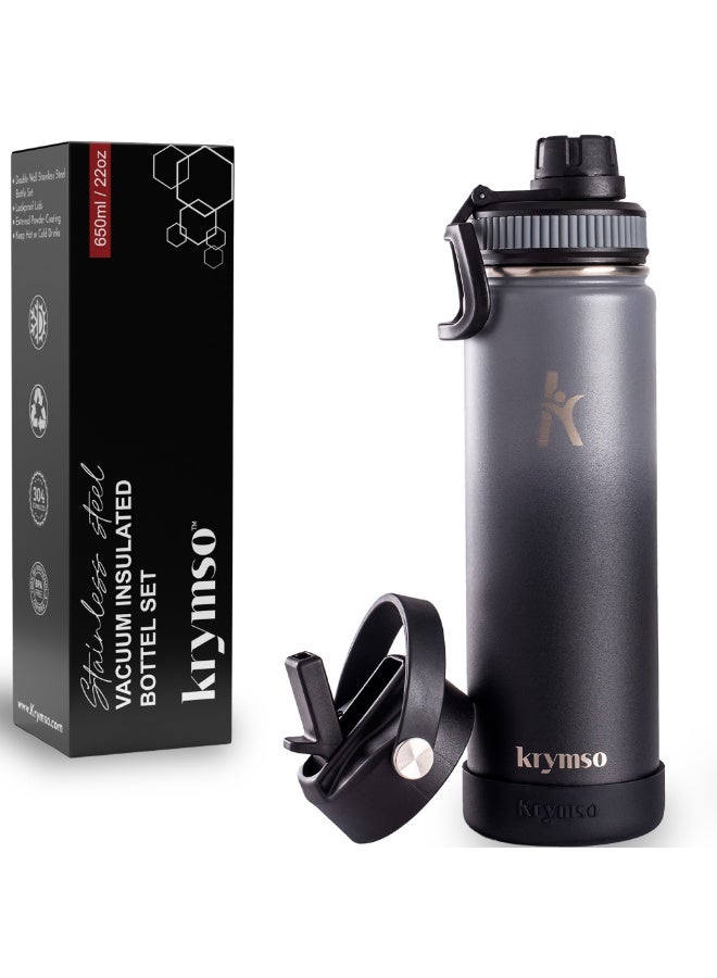 KRYMSO 650ml Stainless Steel Water Bottle, Sports Bottle with Straw, Double Wall Insulated Water Bottle, Thermos Flask, Water Bottle for kids, Gym - Image 1