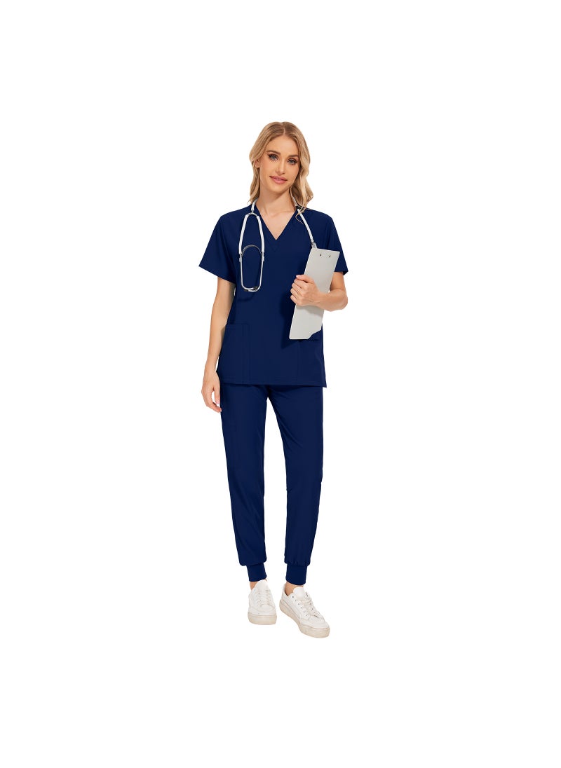 Generic New Summer Casual Womens Medical Scrubs Set 42109-navy blue 