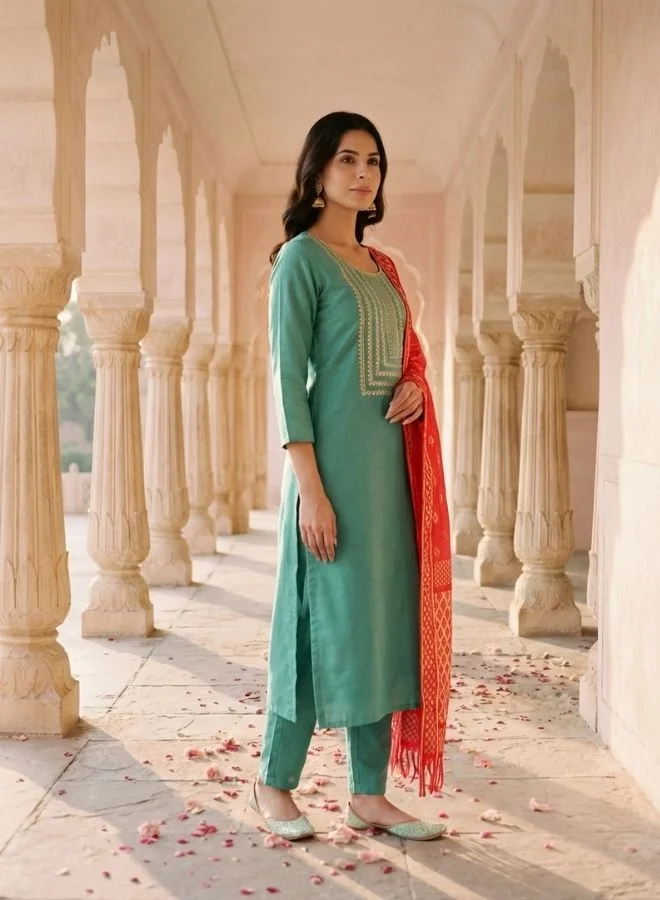 Yuris  Green Embroidered, Three Quarter Sleeve, Round Embroidered Neck, Straight Kurta Set, Side Slit with Printed Dupatta for Women | Best Price UAE