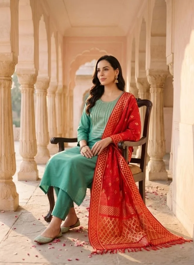 Yuris  Green Embroidered, Three Quarter Sleeve, Round Embroidered Neck, Straight Kurta Set, Side Slit with Printed Dupatta for Women | Best Price UAE