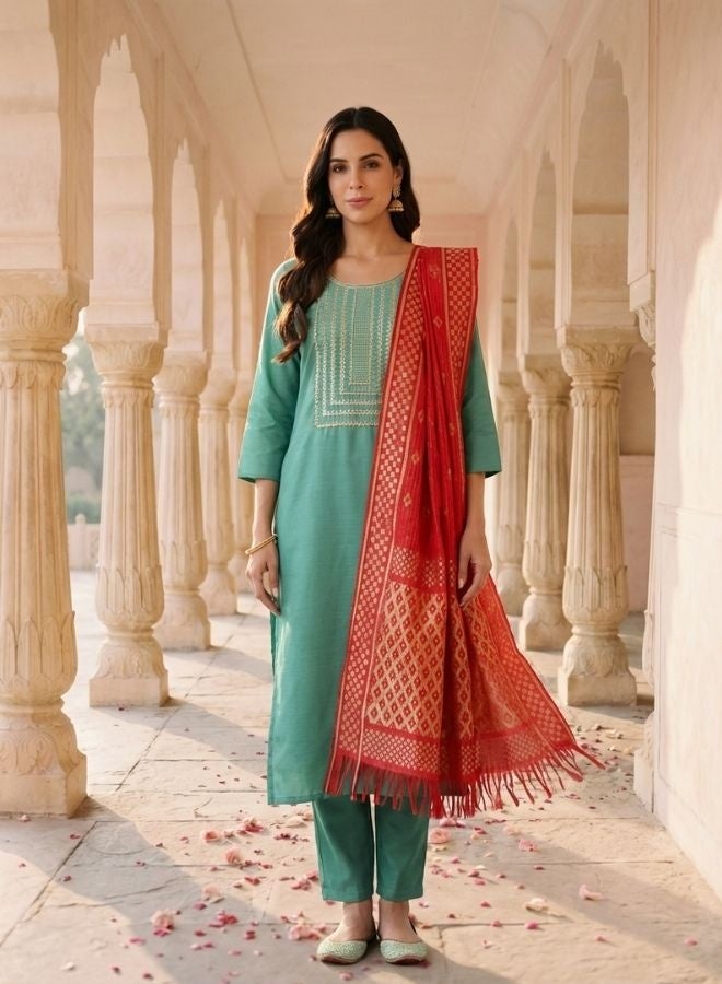 Yuris Green Embroidered, Three Quarter Sleeve, Round Embroidered Neck, Straight Kurta Set, Side Slit with Printed Dupatta - Image 1